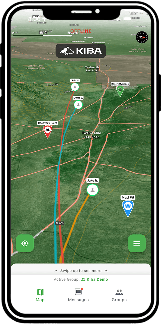 Kiba Go app showing the group on an offline map
